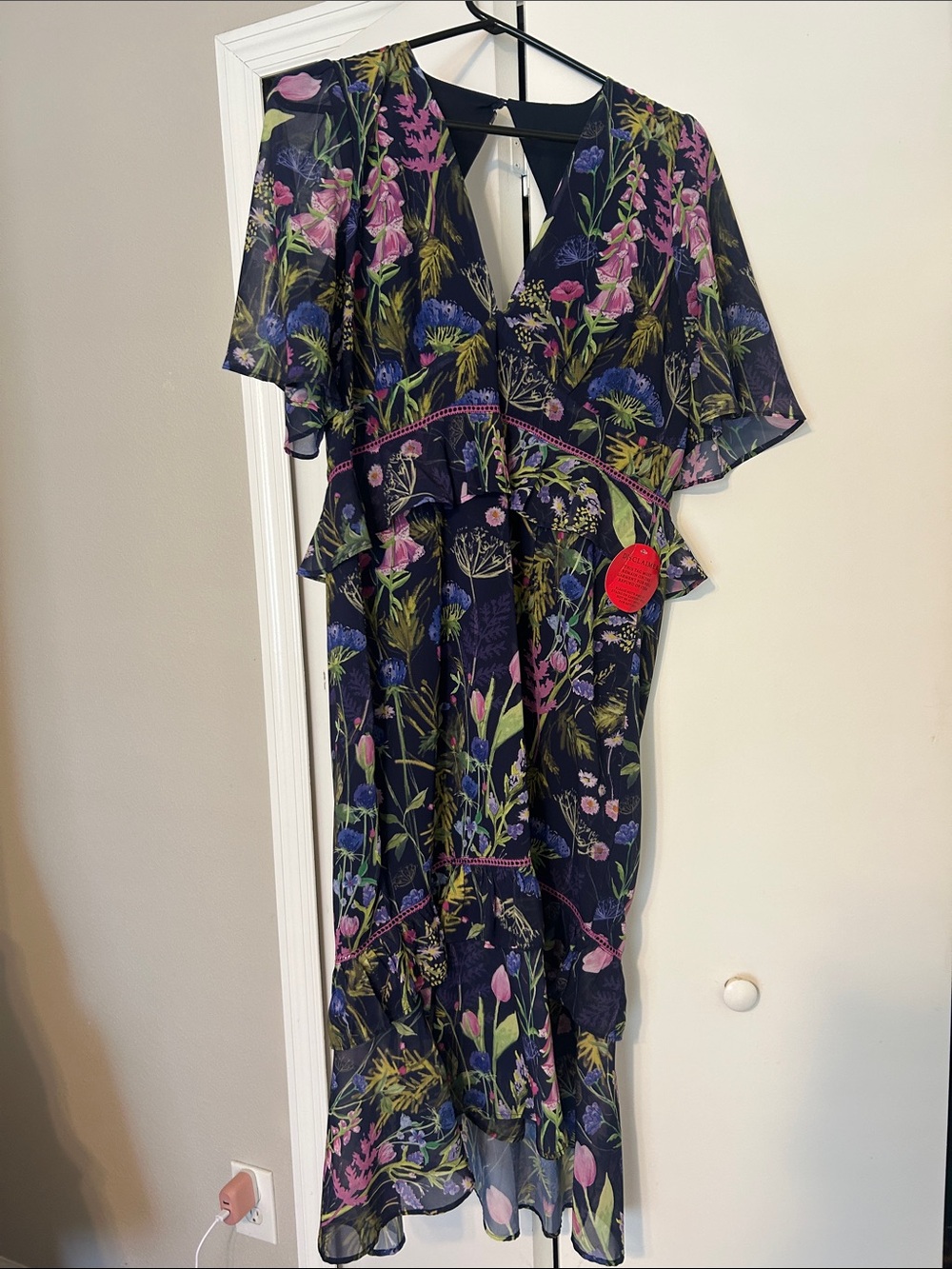 Floral V-Neck Midi Dress in Navy with Pink & Green Botanical Print